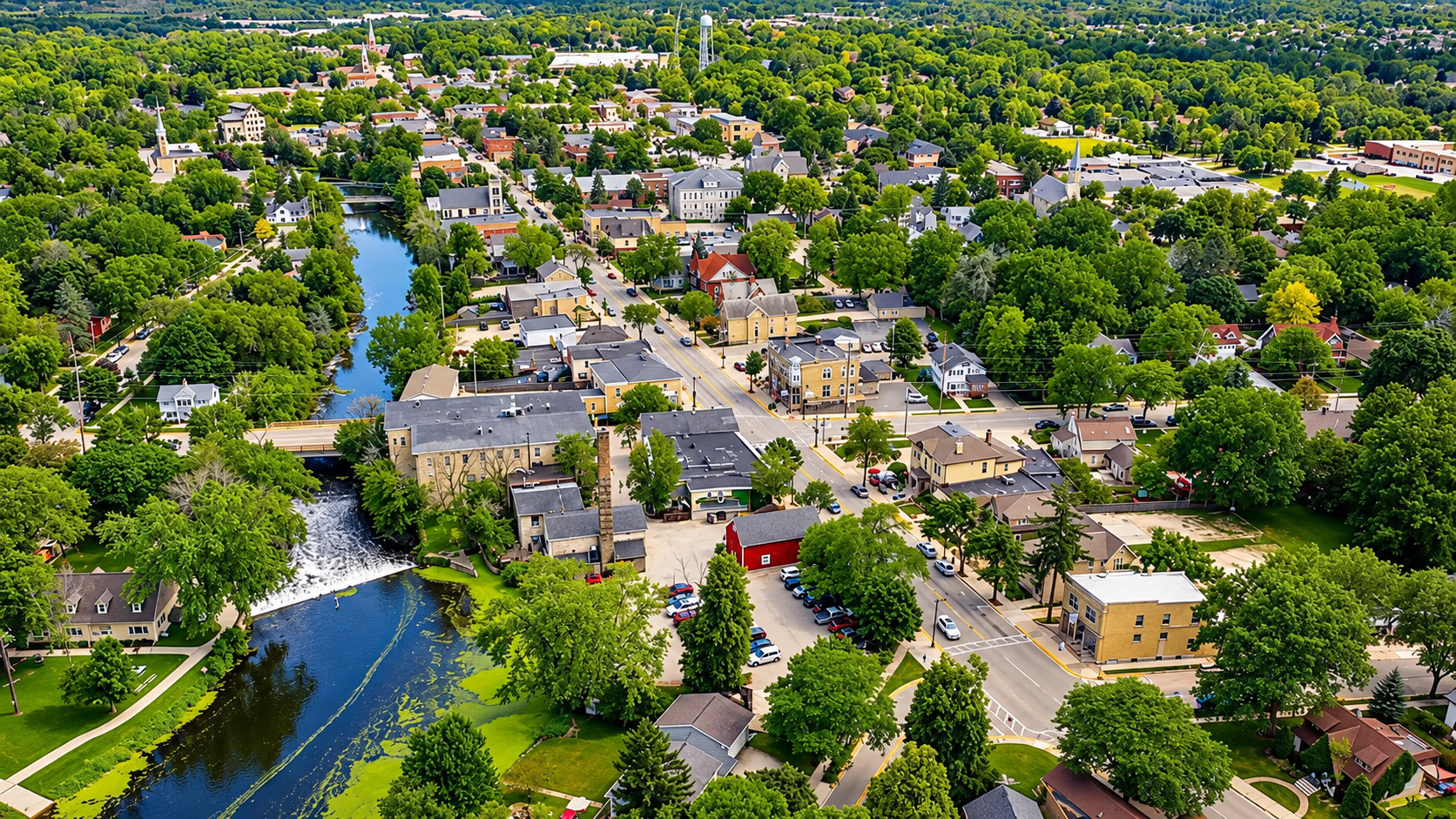 Aerial view of a Northwestern Wisconsin river town with tree-lined streets, a historic downtown, and a dam on the river